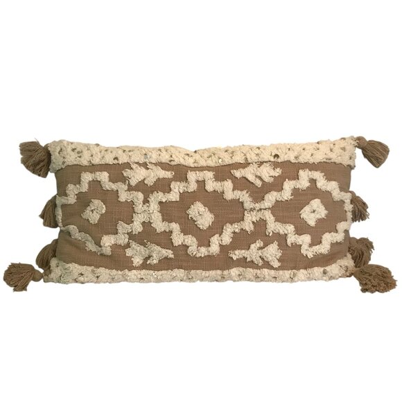 Bohemian Beige & Ivory Cotton/Linen Lumbar Accent Pillow With Tassels - Picture 1 of 8